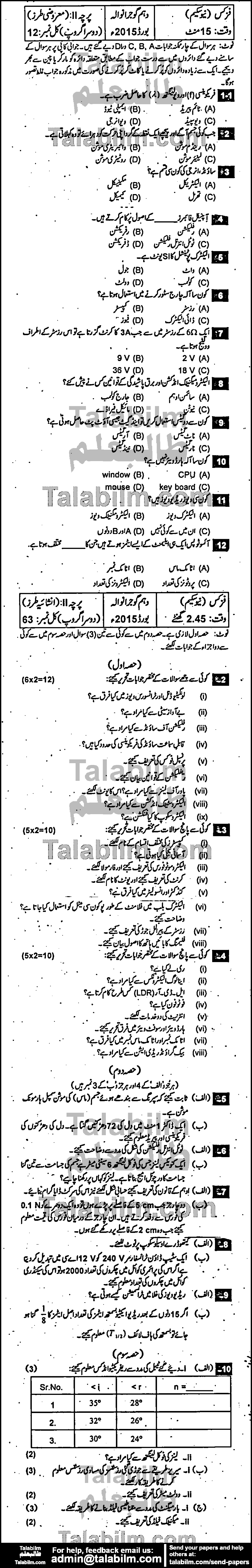 Physics 0 past paper for Urdu Medium 2015 Group-II