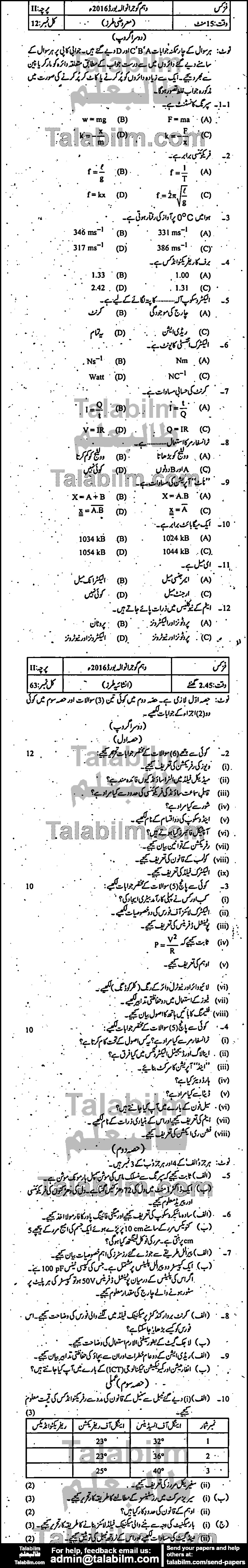 Physics 0 past paper for Urdu Medium 2016 Group-II