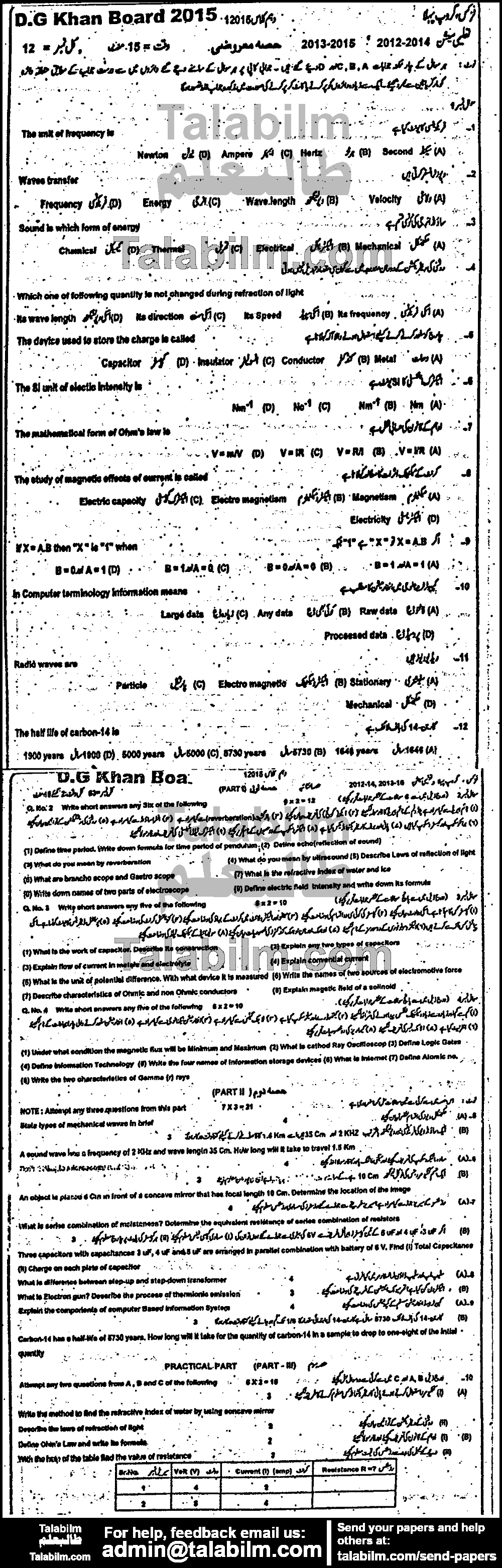 Physics 0 past paper for 2015 Group-I