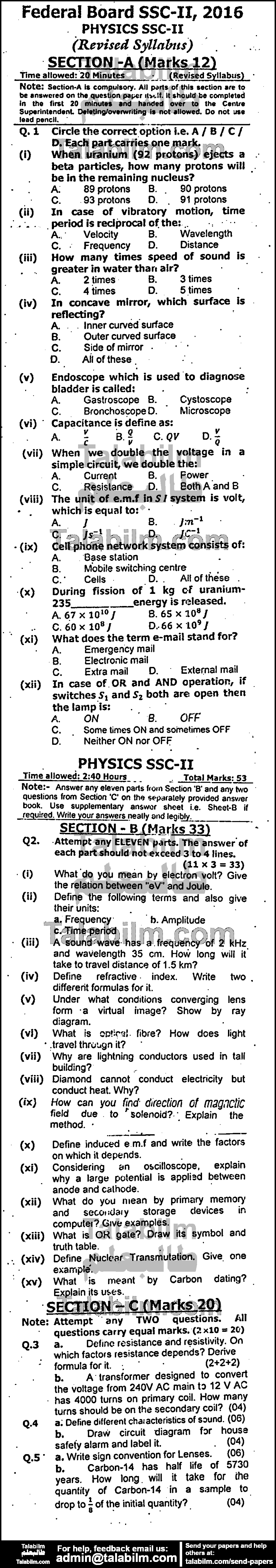 Physics 0 past paper for 2016 Group-I