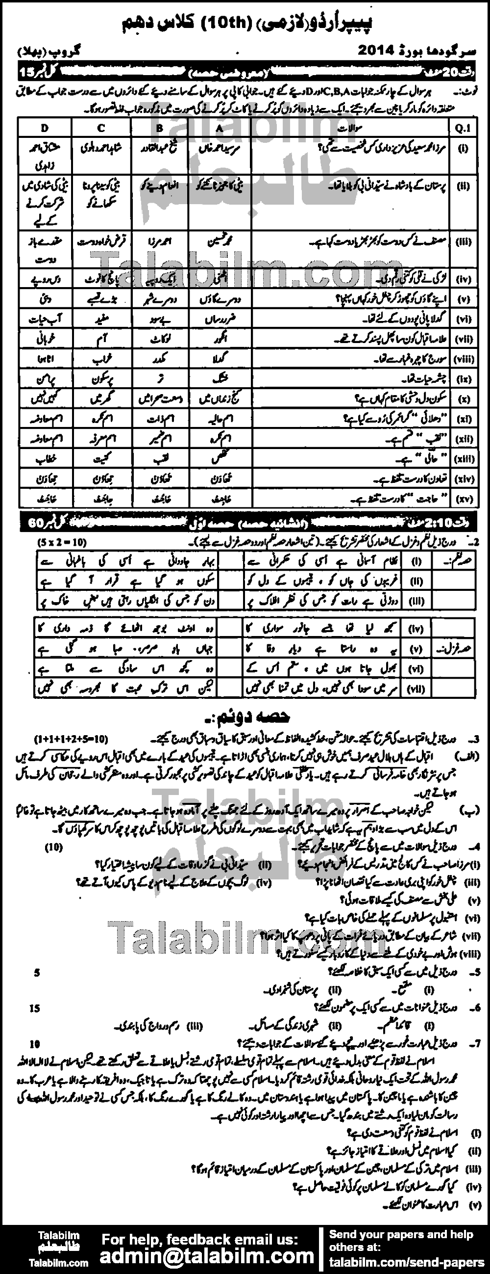 Urdu 0 past paper for 2014 Group-I