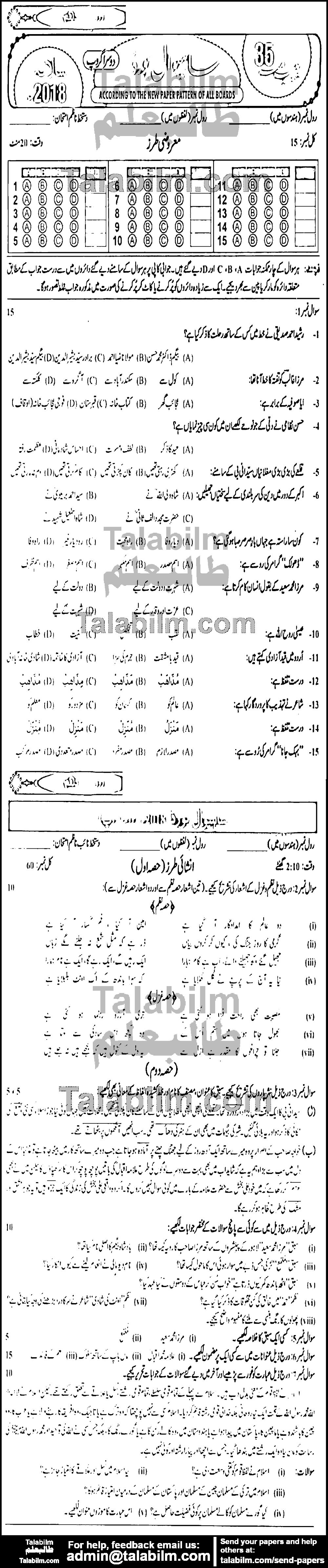 Urdu 0 past paper for 2018 Group-II