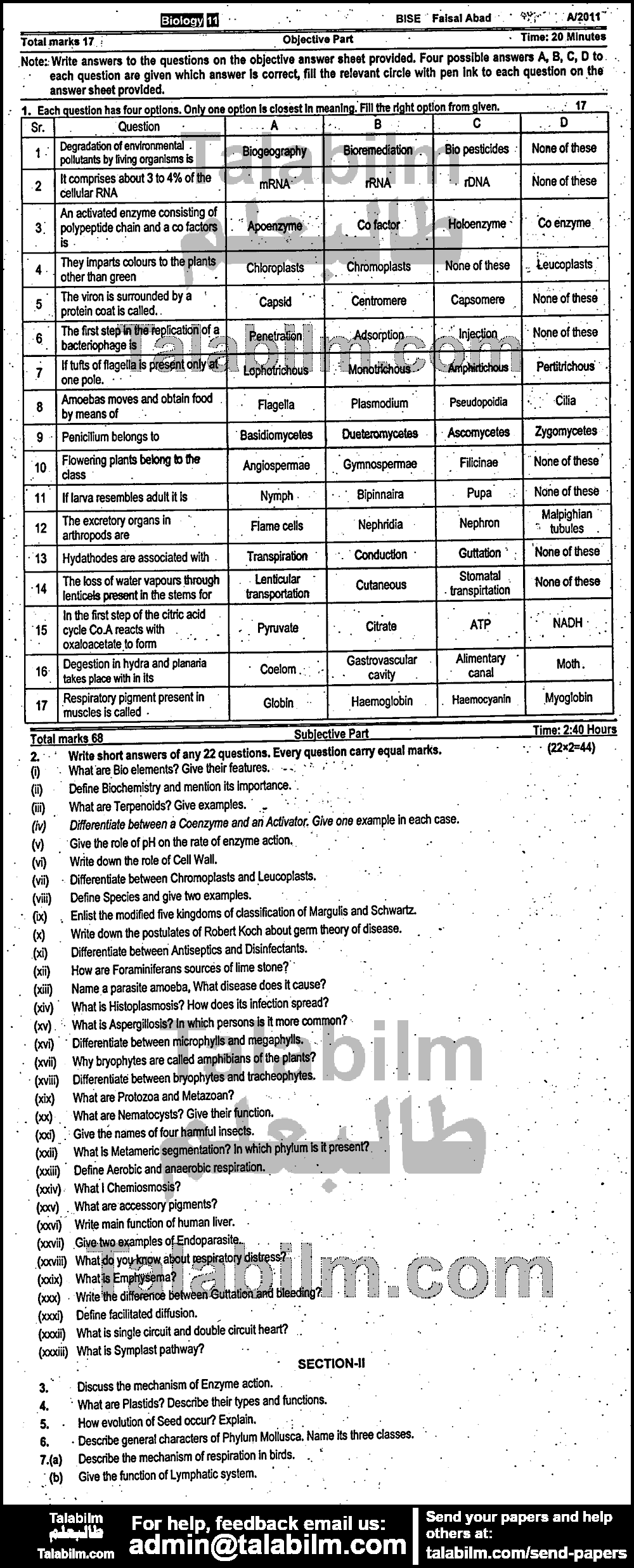 Biology 0 past paper for Group-I 2011