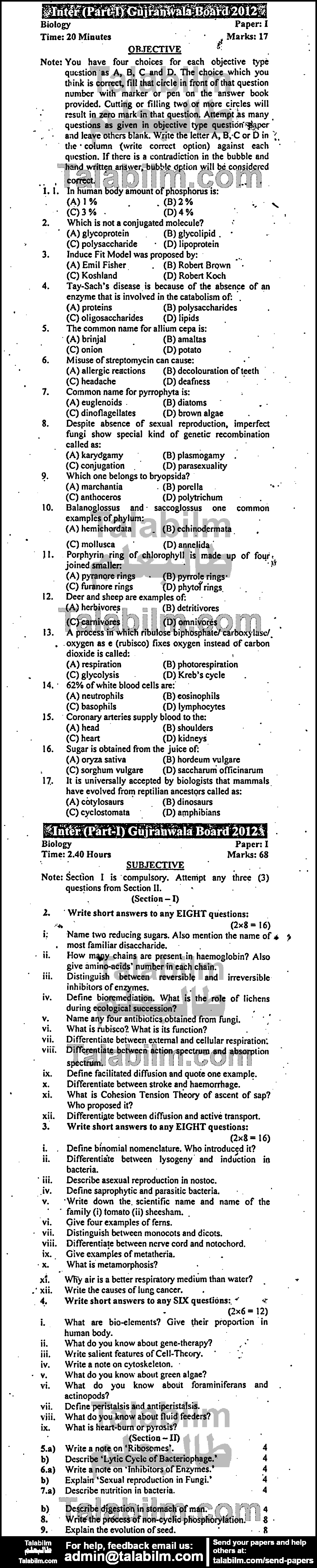 Biology 0 past paper for Group-I 2012