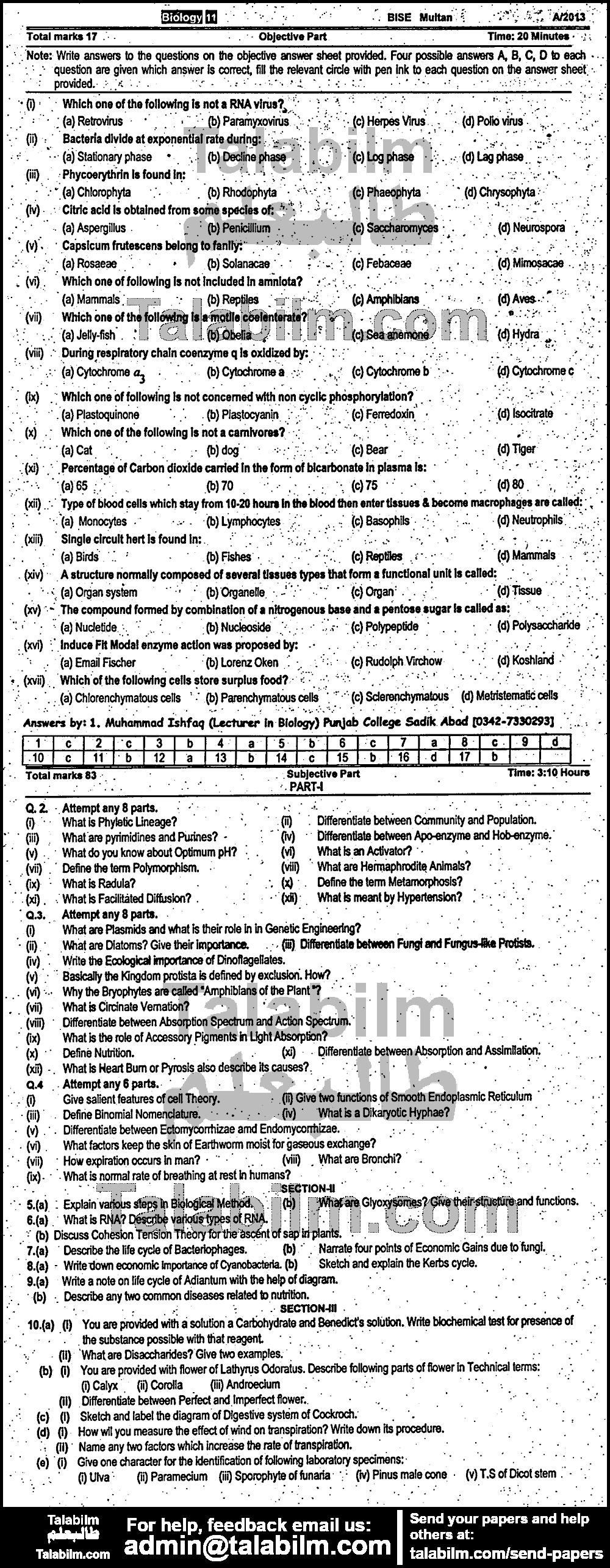 Biology 0 past paper for Group-I 2013