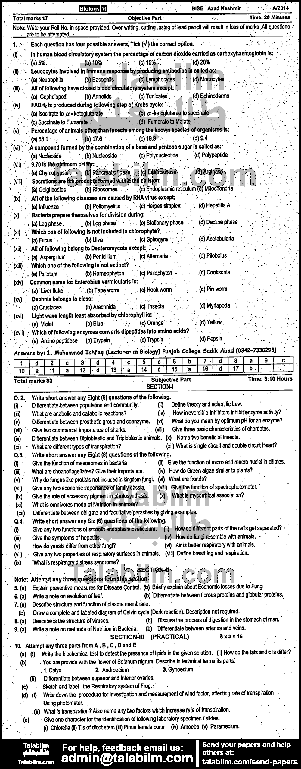 Biology 0 past paper for Group-I 2014