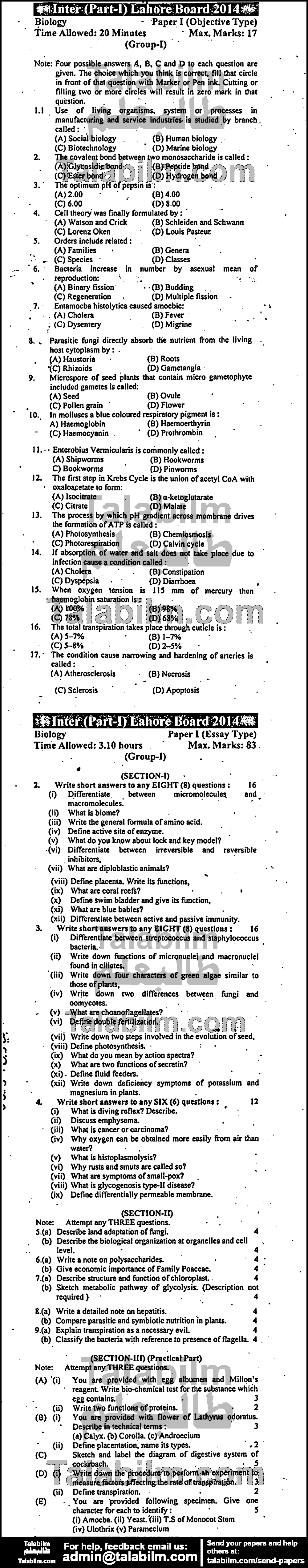 Biology 0 past paper for Group-I 2014