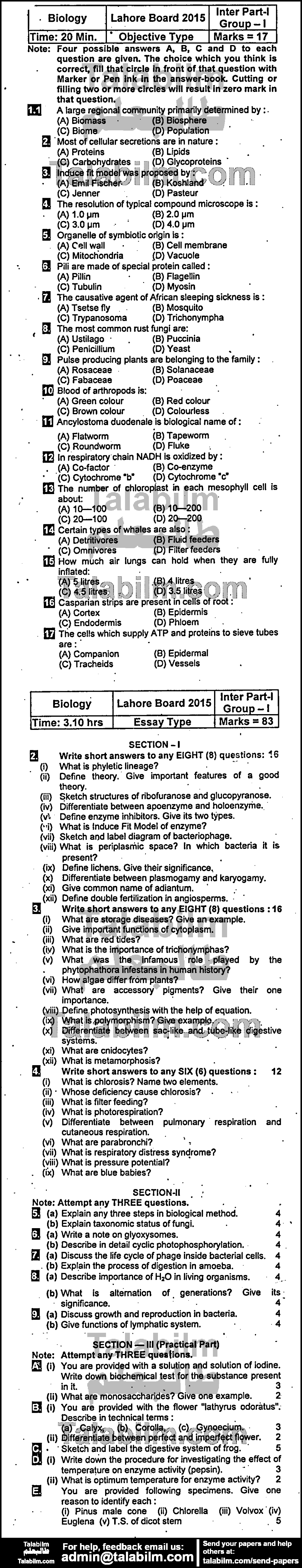 Biology 0 past paper for Group-I 2015