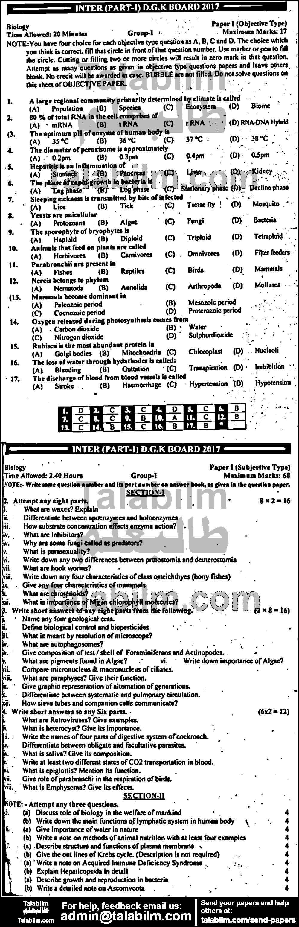 Biology 0 past paper for Group-I 2017