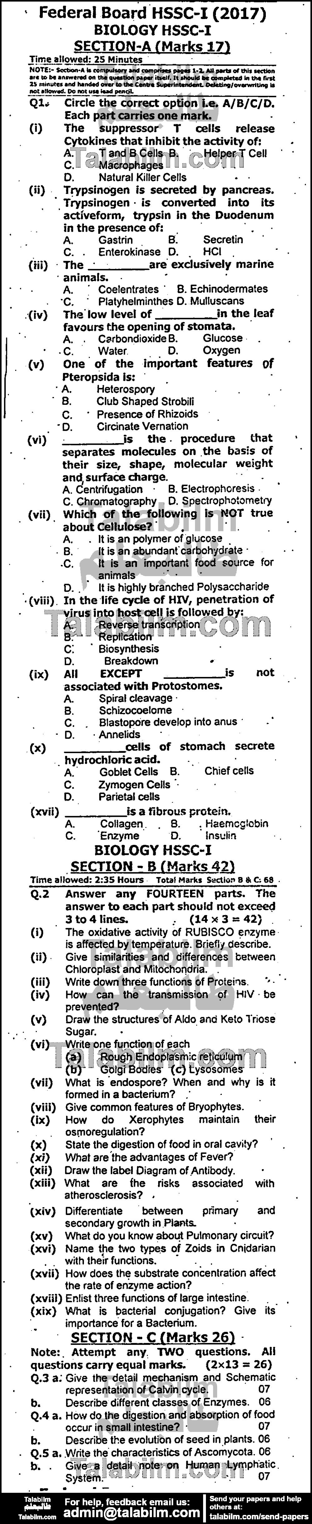Biology 0 past paper for Group-I 2017