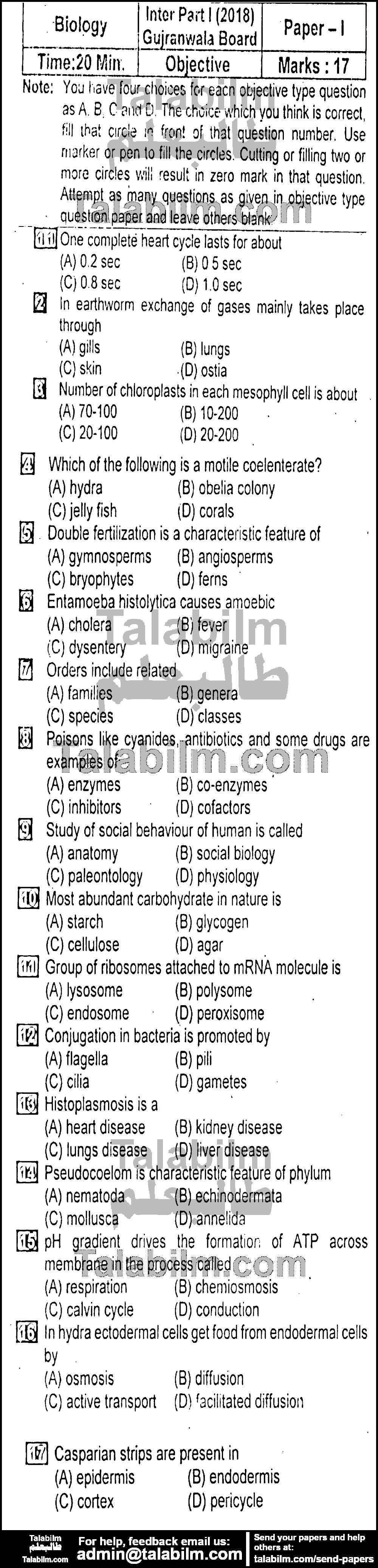 Biology 0 past paper for Group-I 2018