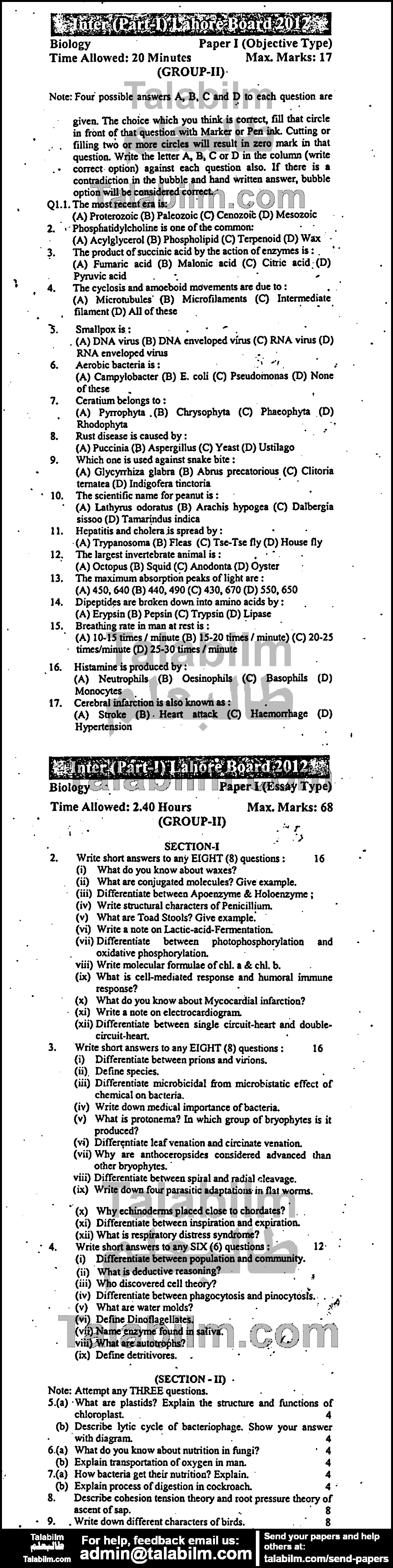 Biology 0 past paper for Group-II 2012