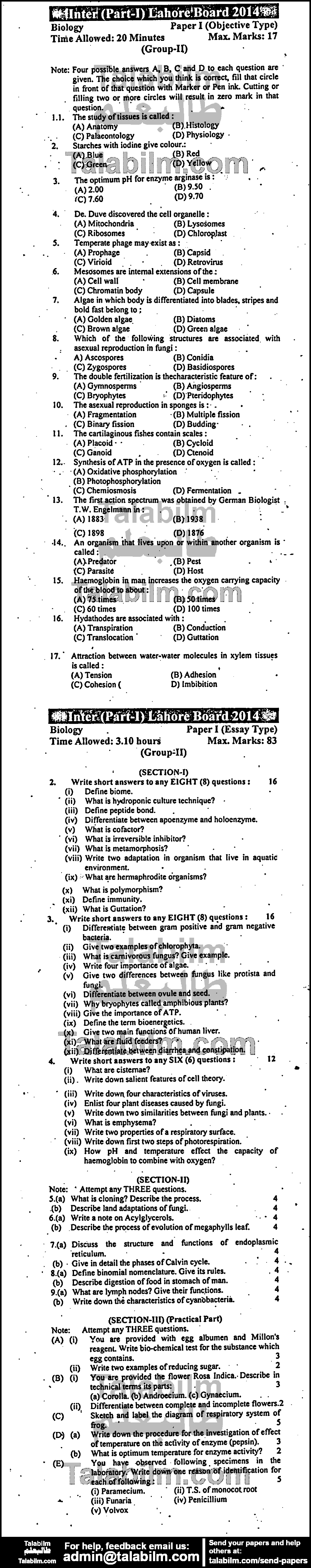 Biology 0 past paper for Group-II 2014