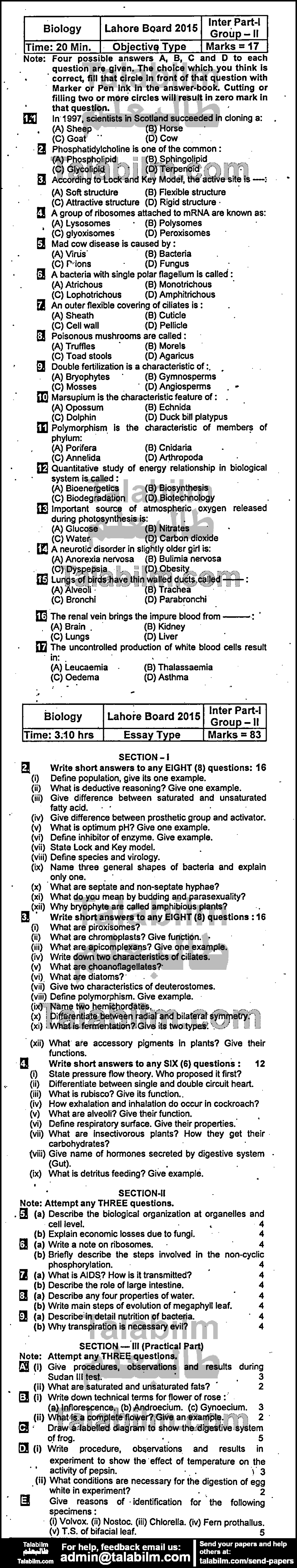 Biology 0 past paper for Group-II 2015