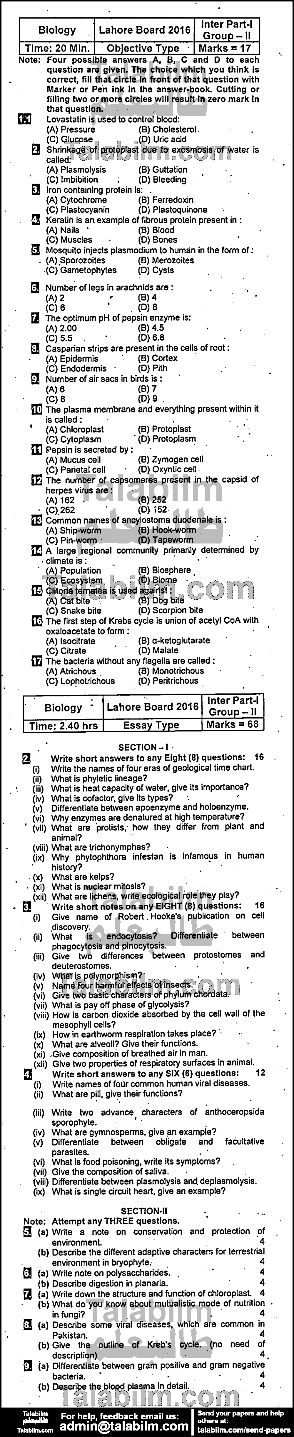 Biology 0 past paper for Group-II 2016