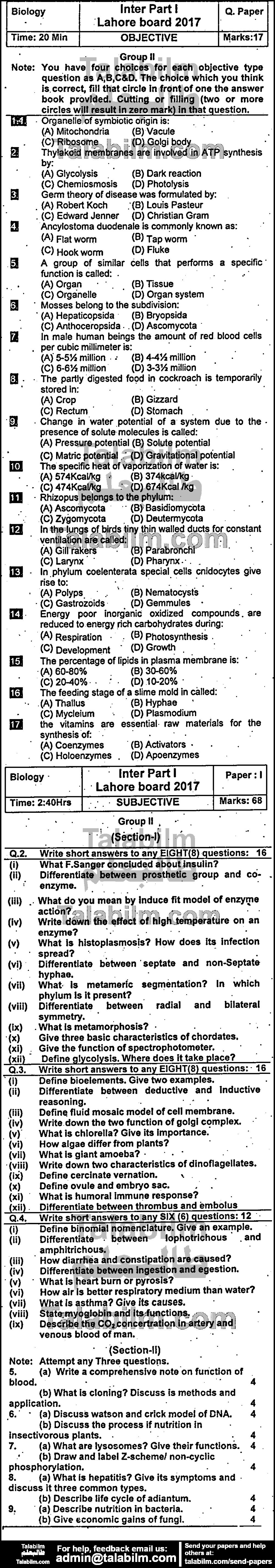 Biology 0 past paper for Group-II 2017