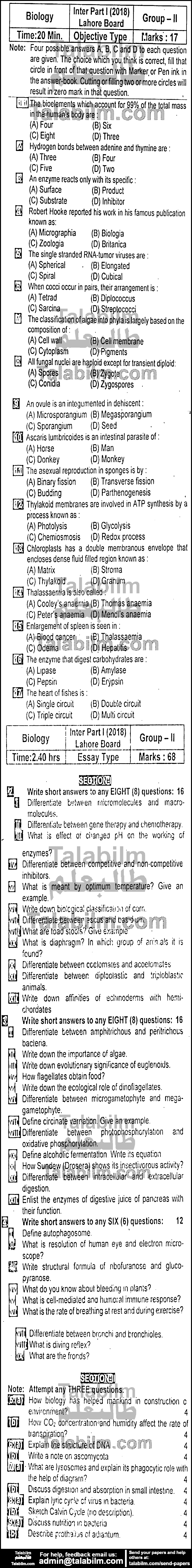 Biology 0 past paper for Group-II 2018