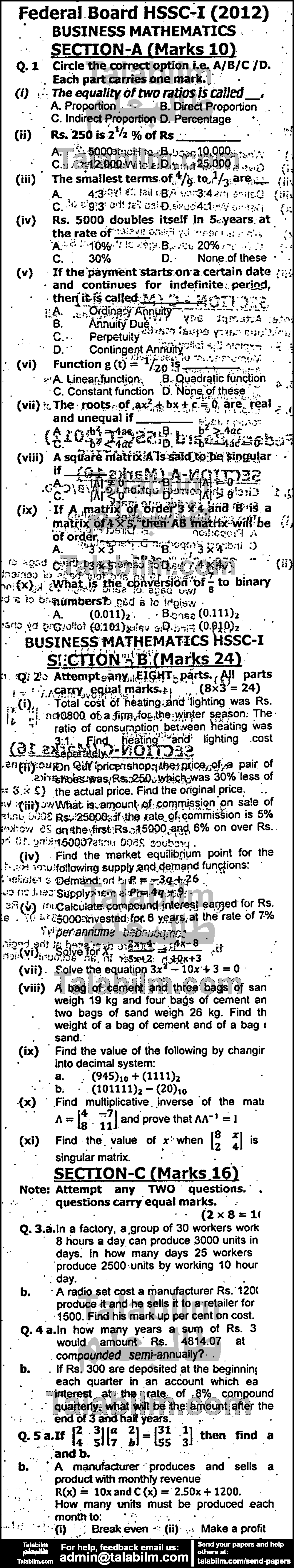 Business Mathematics 0 past paper for Group-I 2012