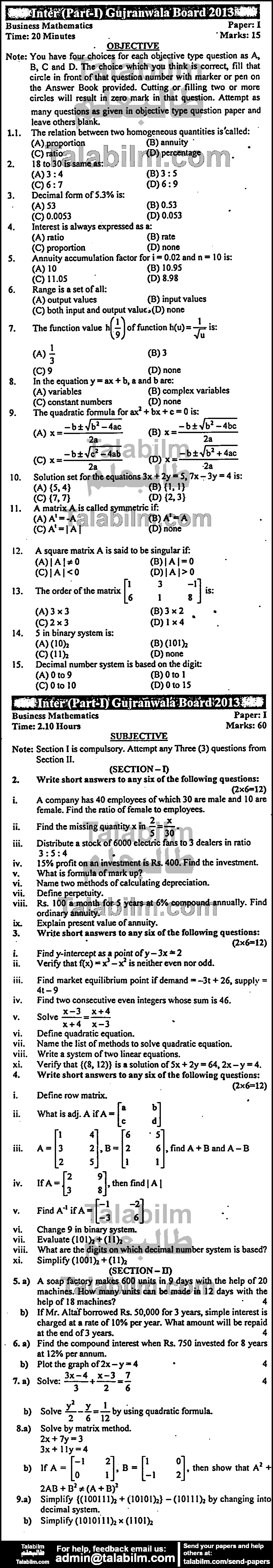 Business Mathematics 0 past paper for Group-I 2013