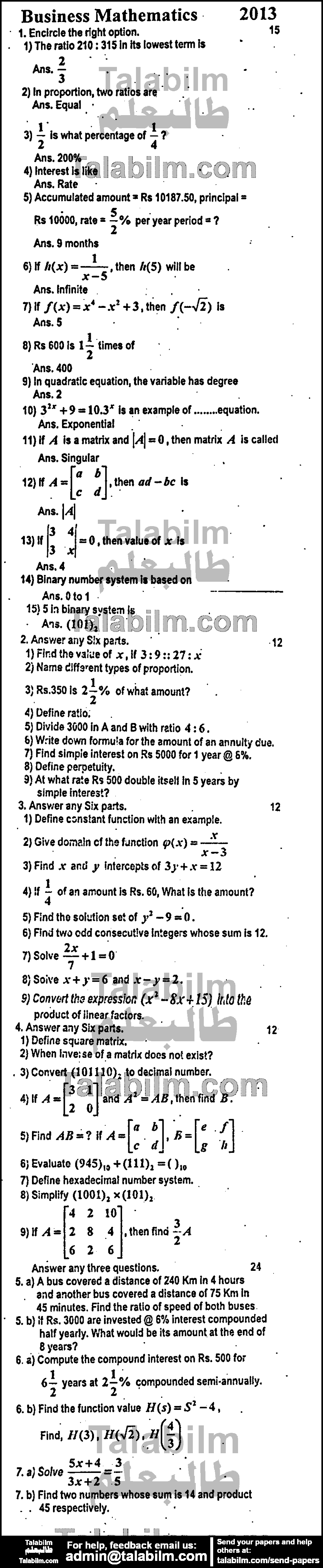 Business Mathematics 0 past paper for Group-I 2013