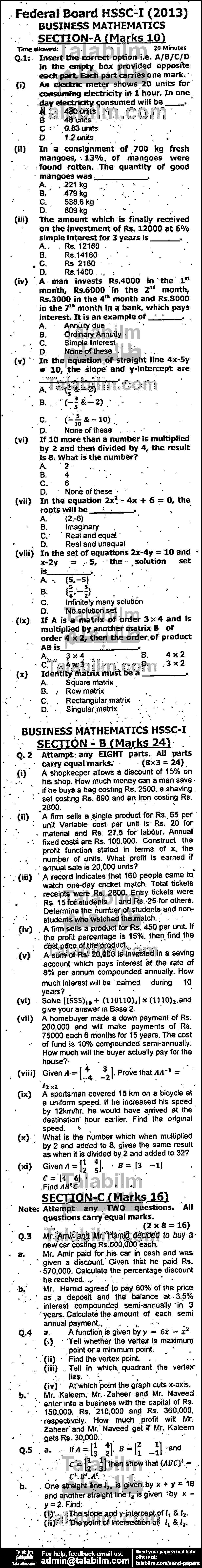 Business Mathematics 0 past paper for Group-I 2013