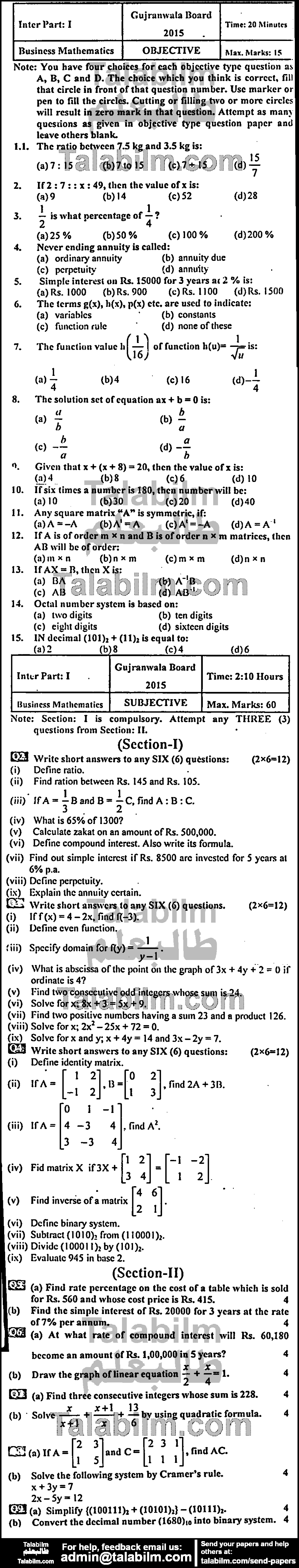 Business Mathematics 0 past paper for Group-I 2015