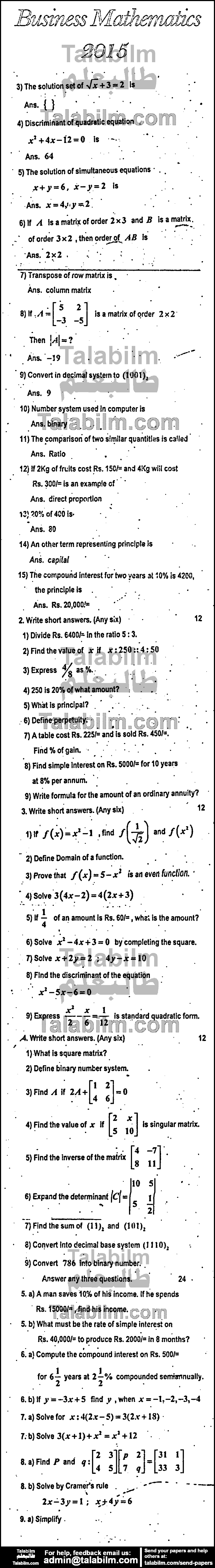 Business Mathematics 0 past paper for Group-I 2015