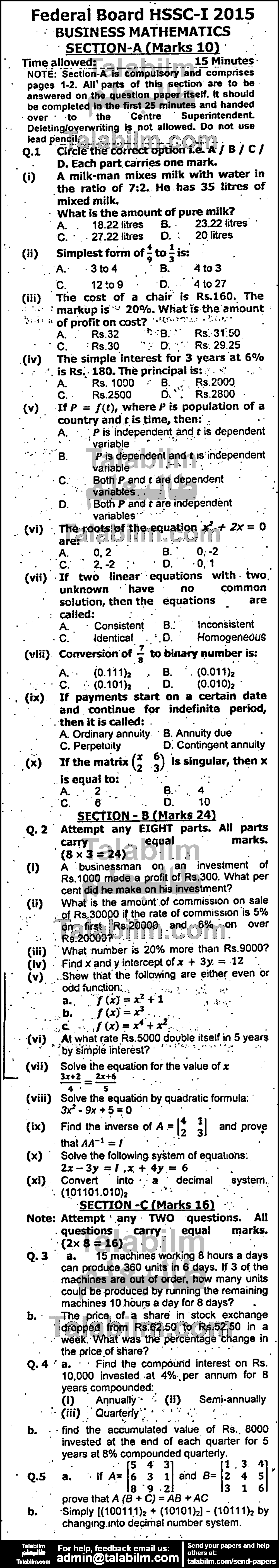 Business Mathematics 0 past paper for Group-I 2015