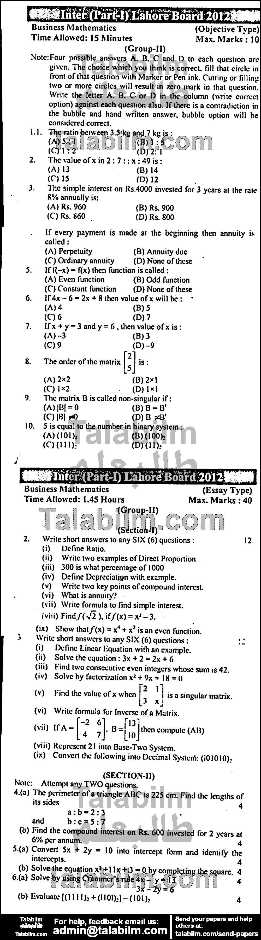Business Mathematics 0 past paper for Group-II 2012