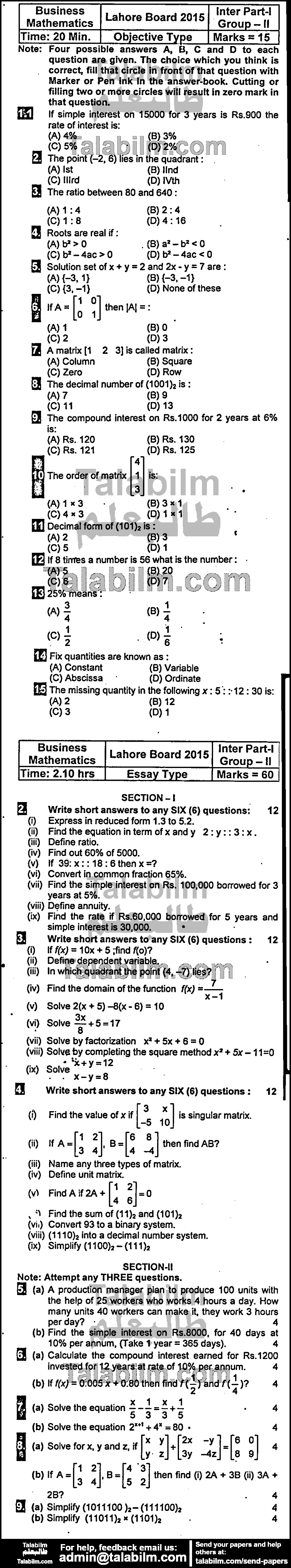 Business Mathematics 0 past paper for Group-II 2015