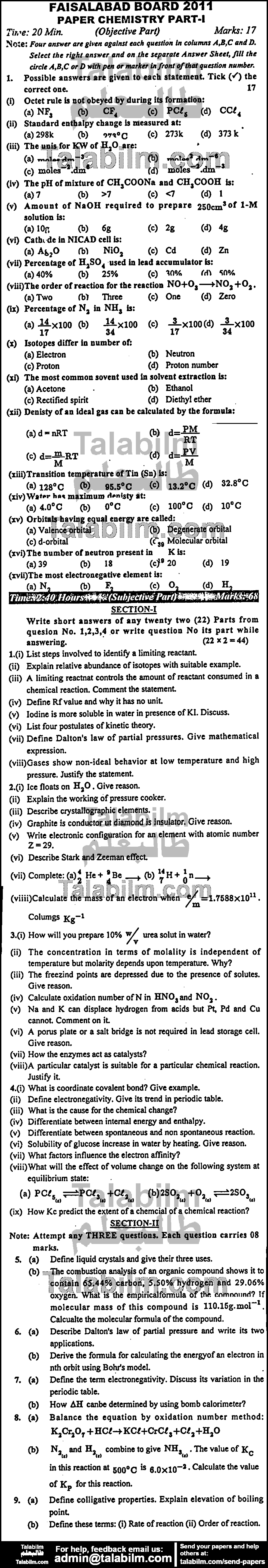 Chemistry 0 past paper for Group-I 2011