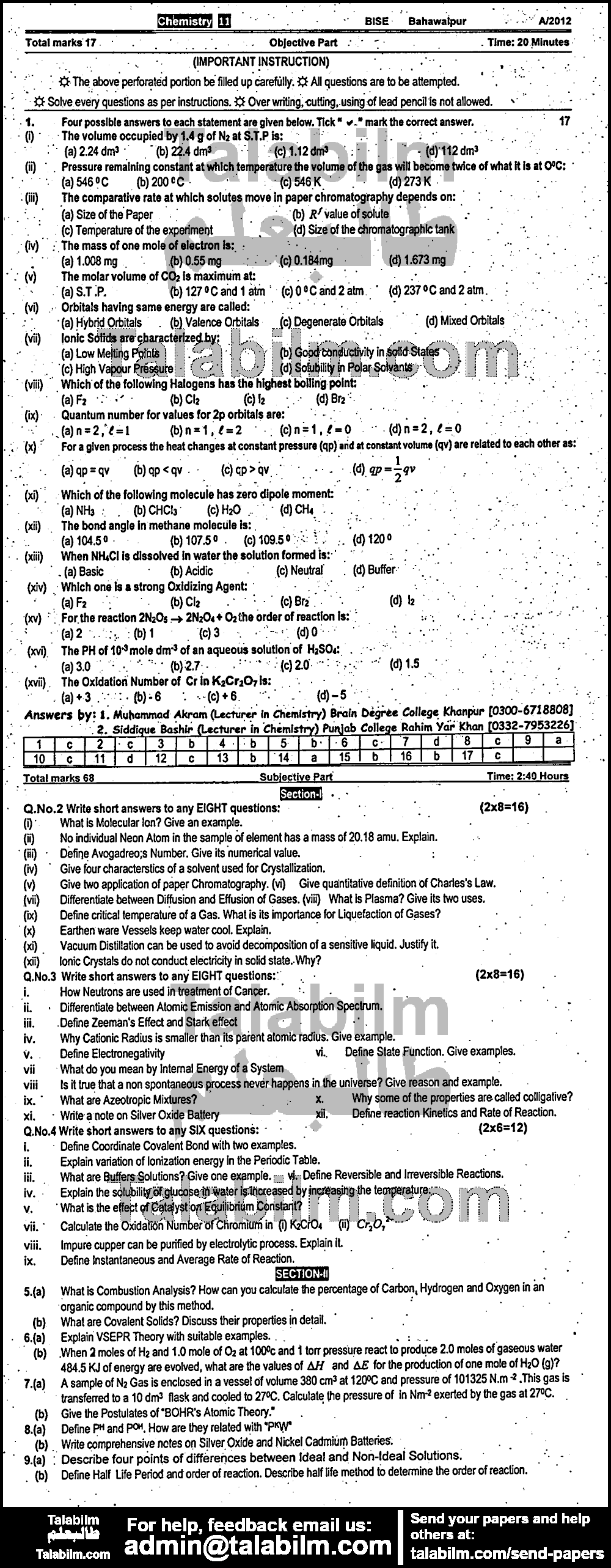 Chemistry 0 past paper for Group-I 2012