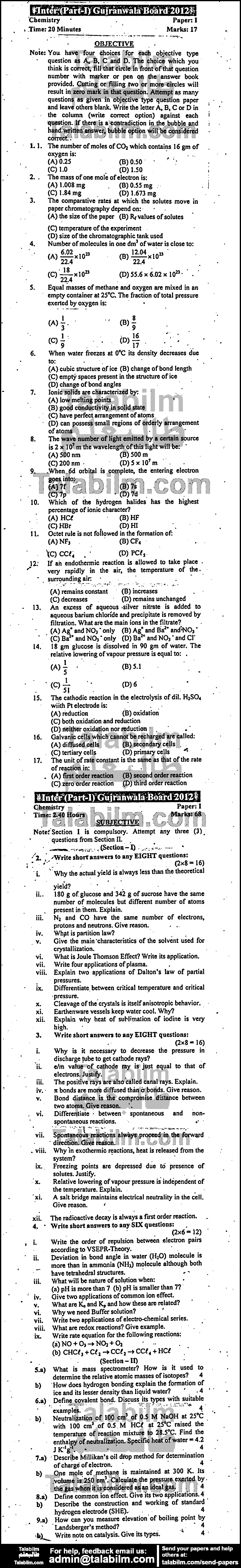 Chemistry 0 past paper for Group-I 2012