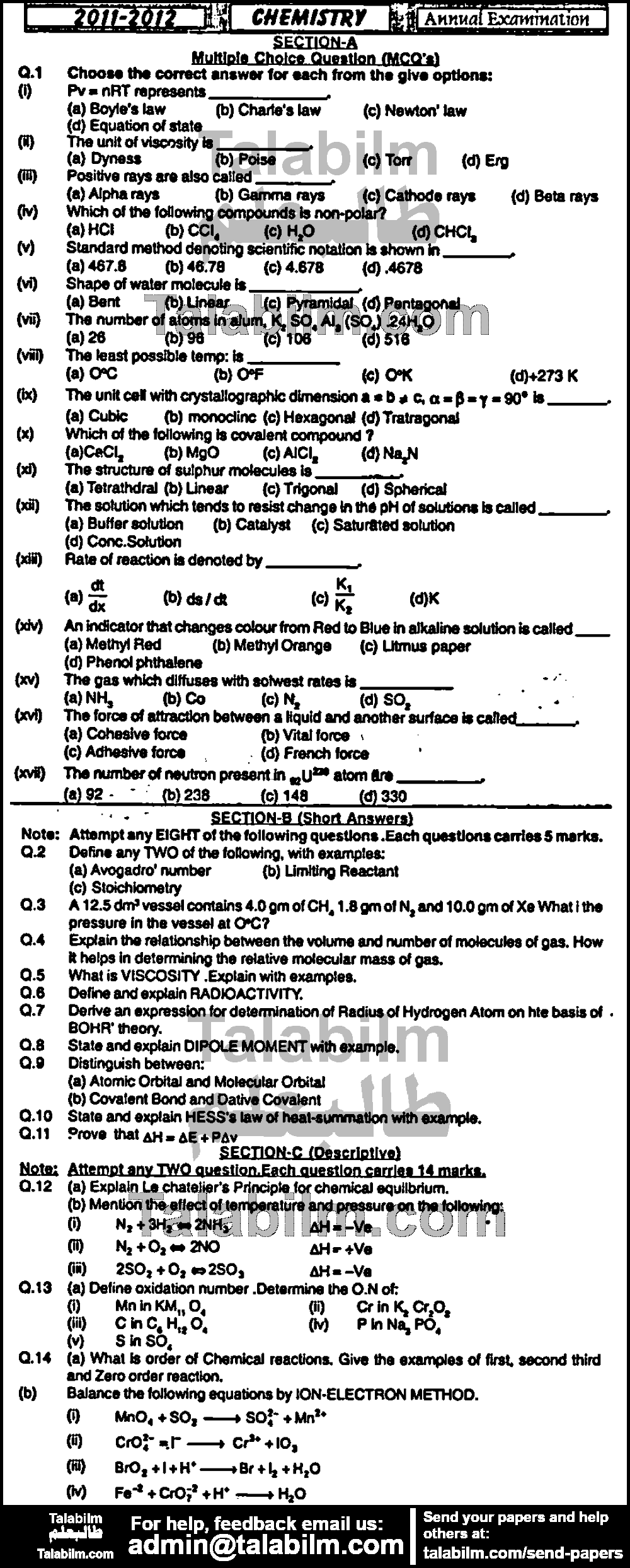 Chemistry 0 past paper for Group-I 2012