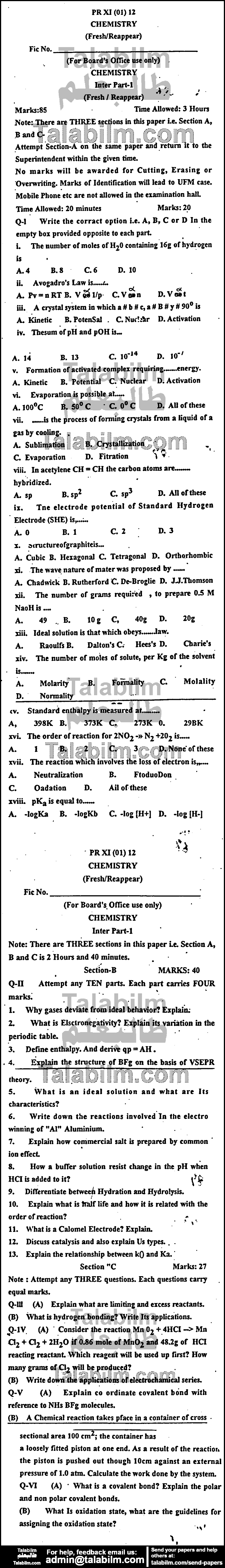 Chemistry 0 past paper for Group-I 2012