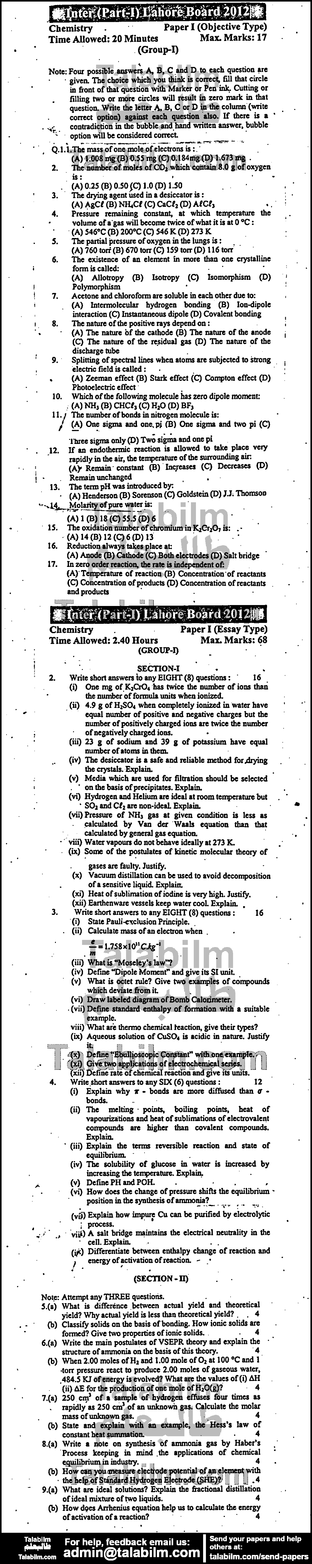 Chemistry 0 past paper for Group-I 2012