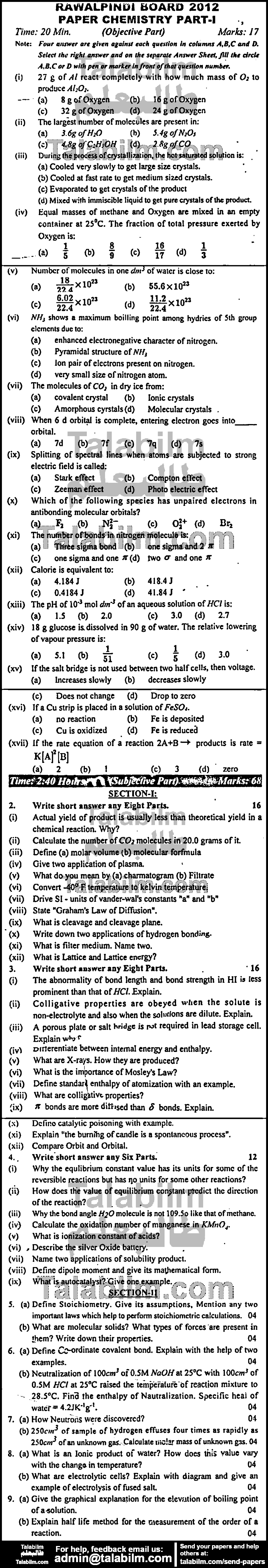 Chemistry 0 past paper for Group-I 2012