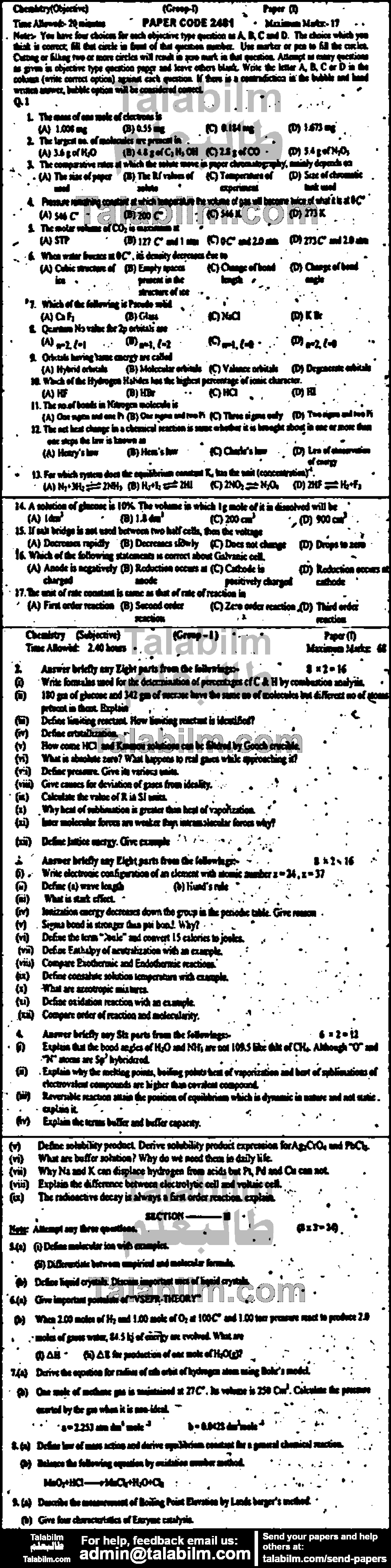 Chemistry 0 past paper for Group-I 2012