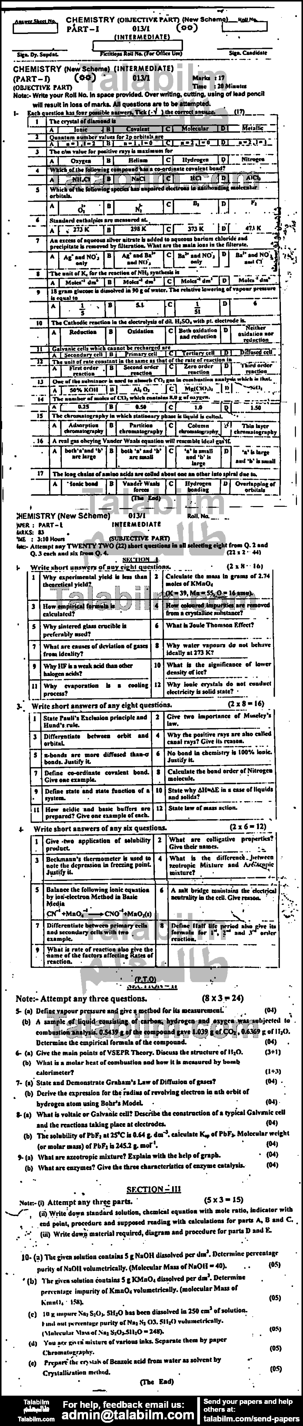 Chemistry 0 past paper for Group-I 2013