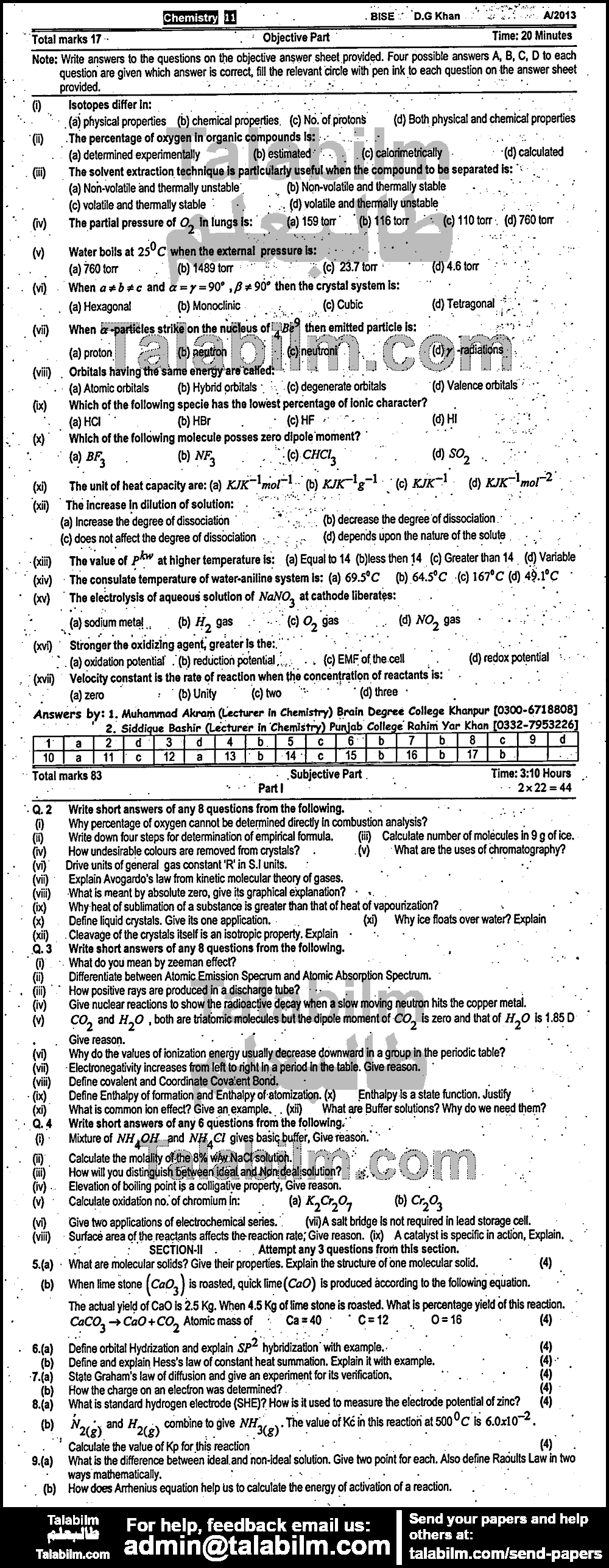 Chemistry 0 past paper for Group-I 2013