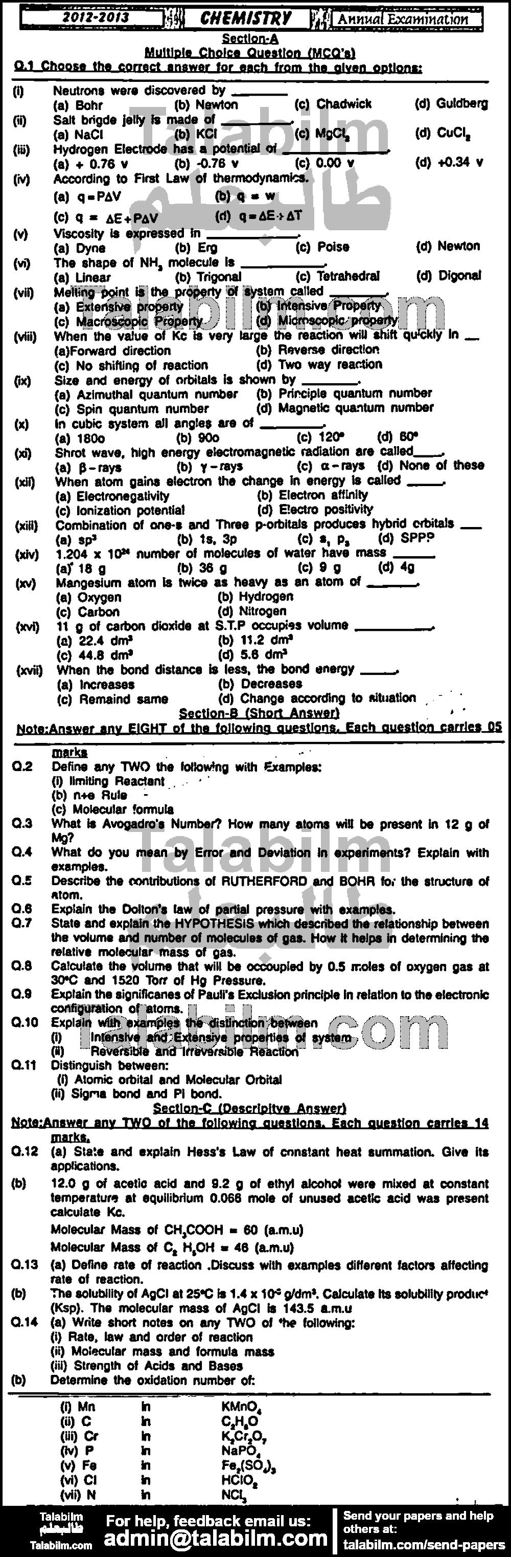 Chemistry 0 past paper for Group-I 2013