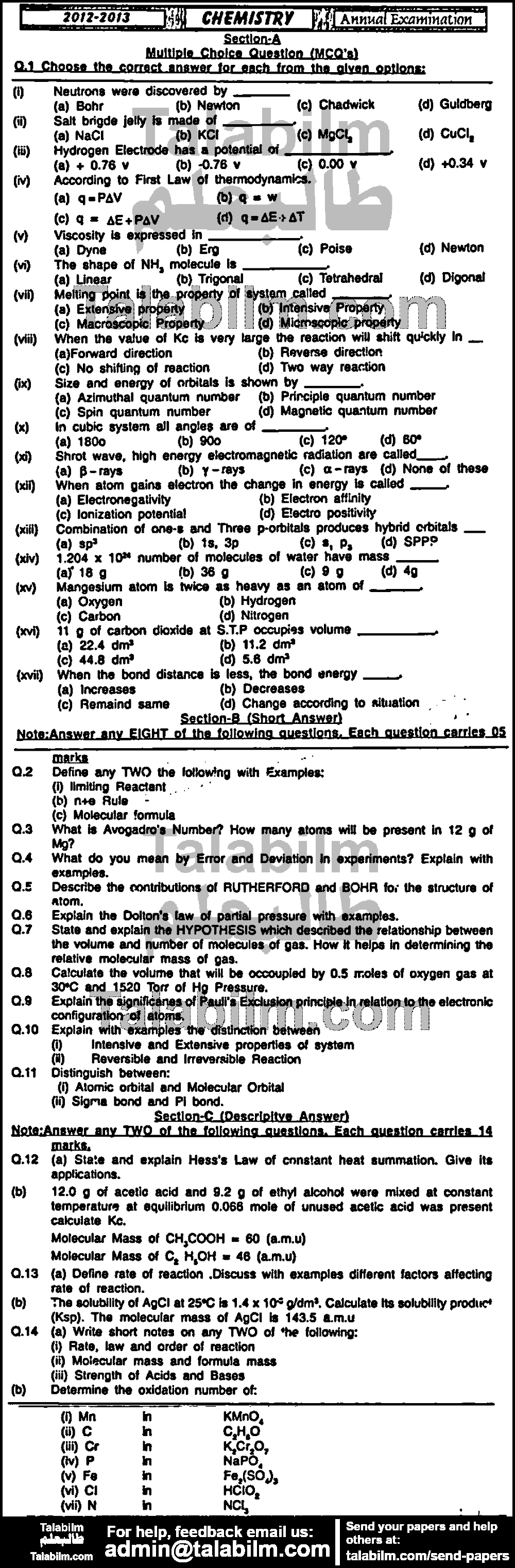 Chemistry 0 past paper for Group-I 2013