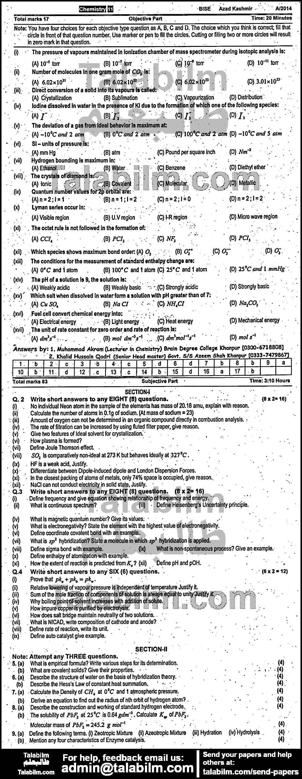 Chemistry 0 past paper for Group-I 2014