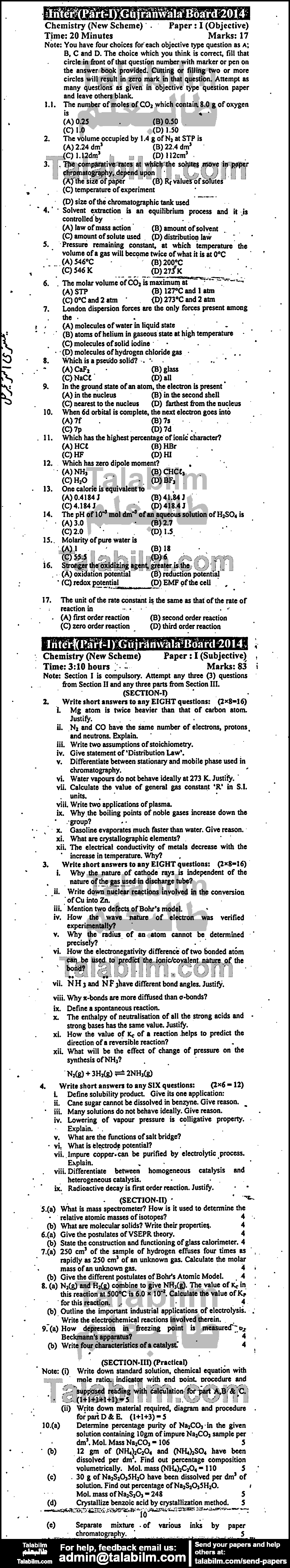 Chemistry 0 past paper for Group-I 2014