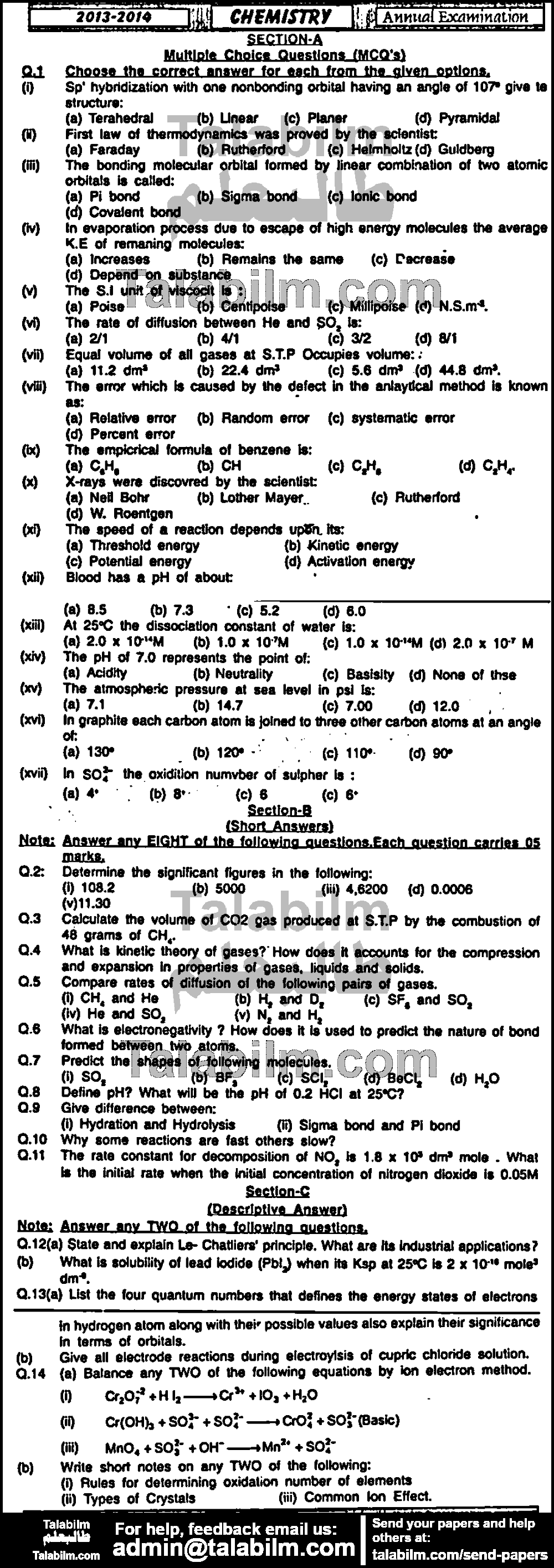 Chemistry 0 past paper for Group-I 2014