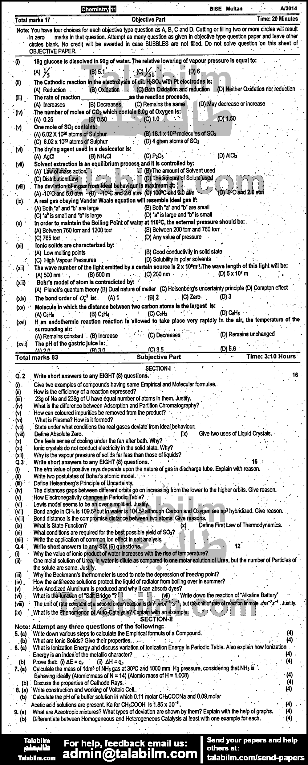 Chemistry 0 past paper for Group-I 2014