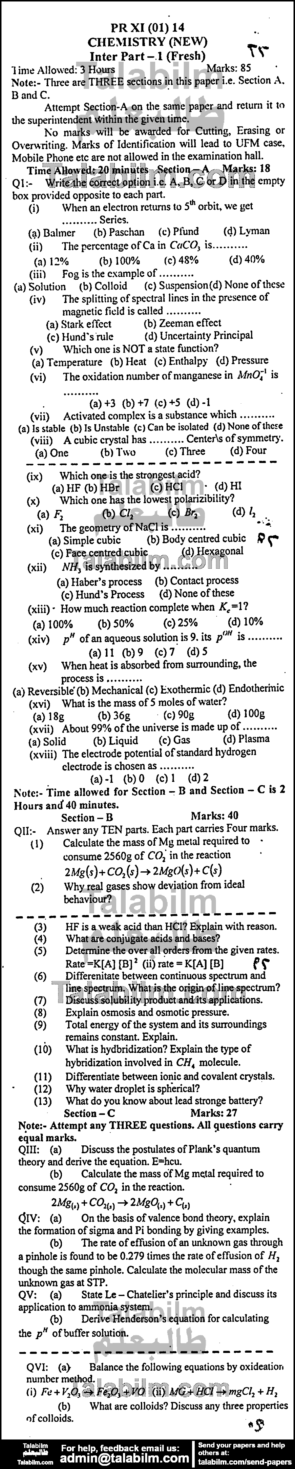 Chemistry 0 past paper for Group-I 2014