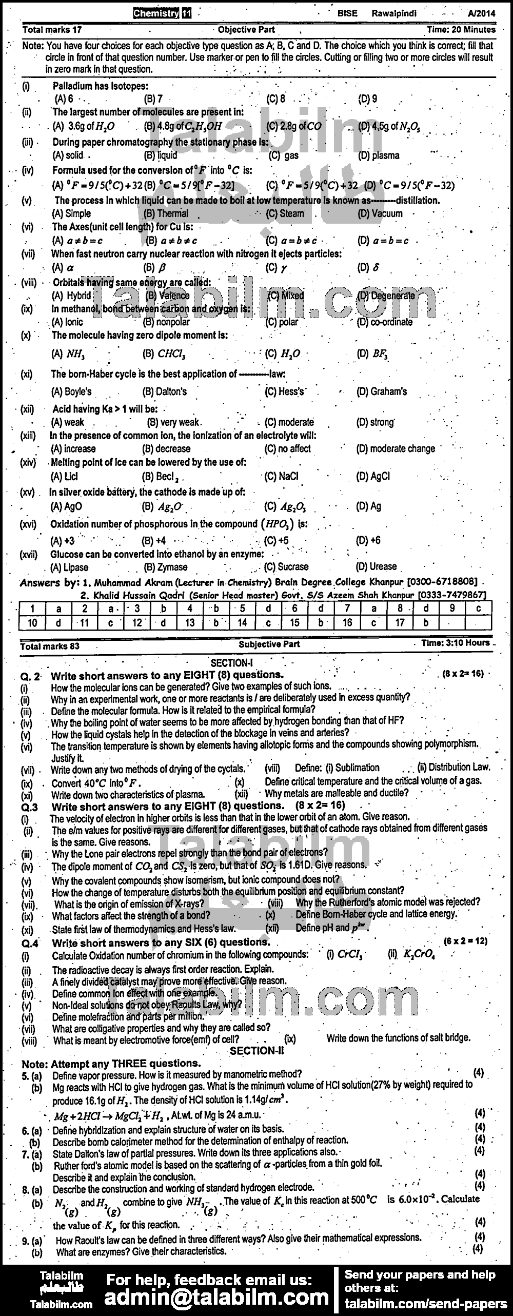 Chemistry 0 past paper for Group-I 2014