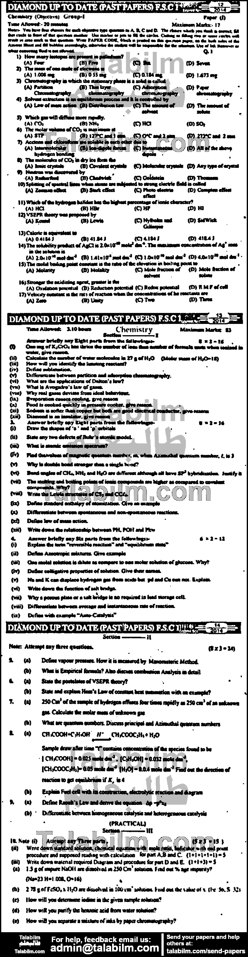 Chemistry 0 past paper for Group-I 2014