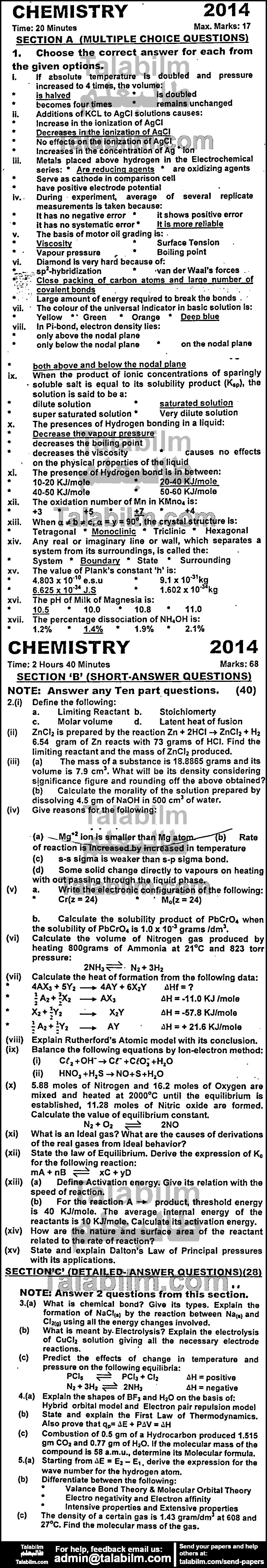 Chemistry 0 past paper for Group-I 2014